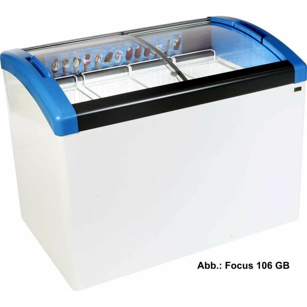 Freezers with sloping, curved glass sliding lids